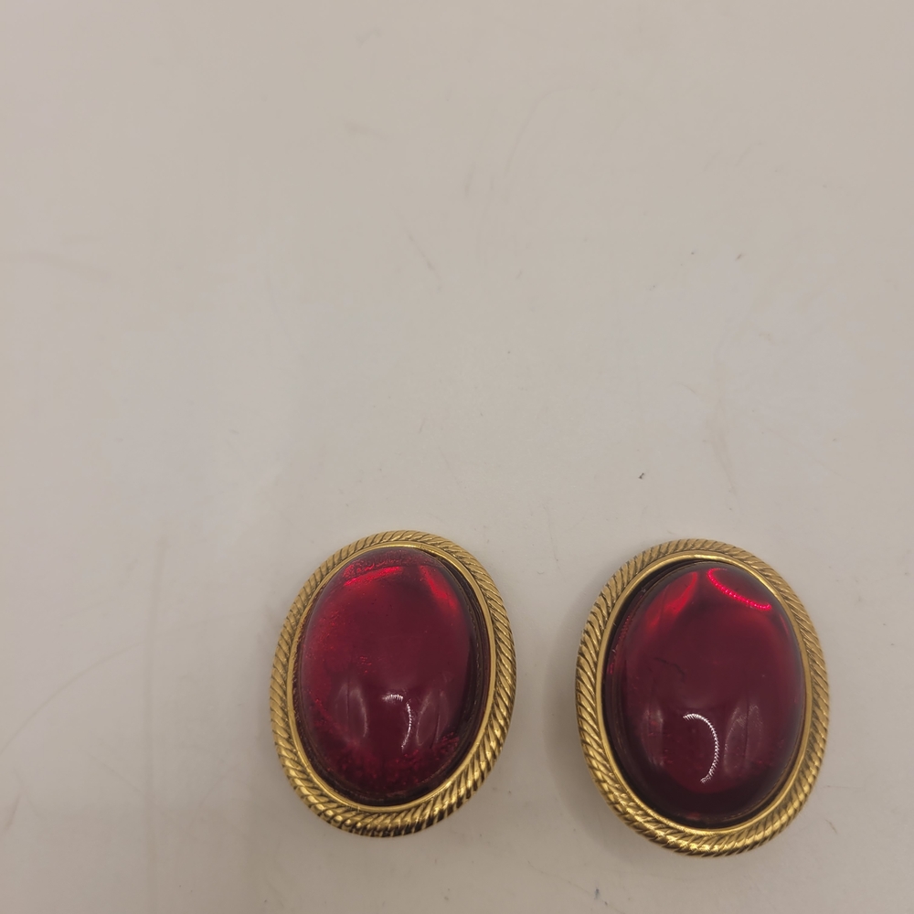Gold Tone Red Cabochon Vintage Clip-Ons